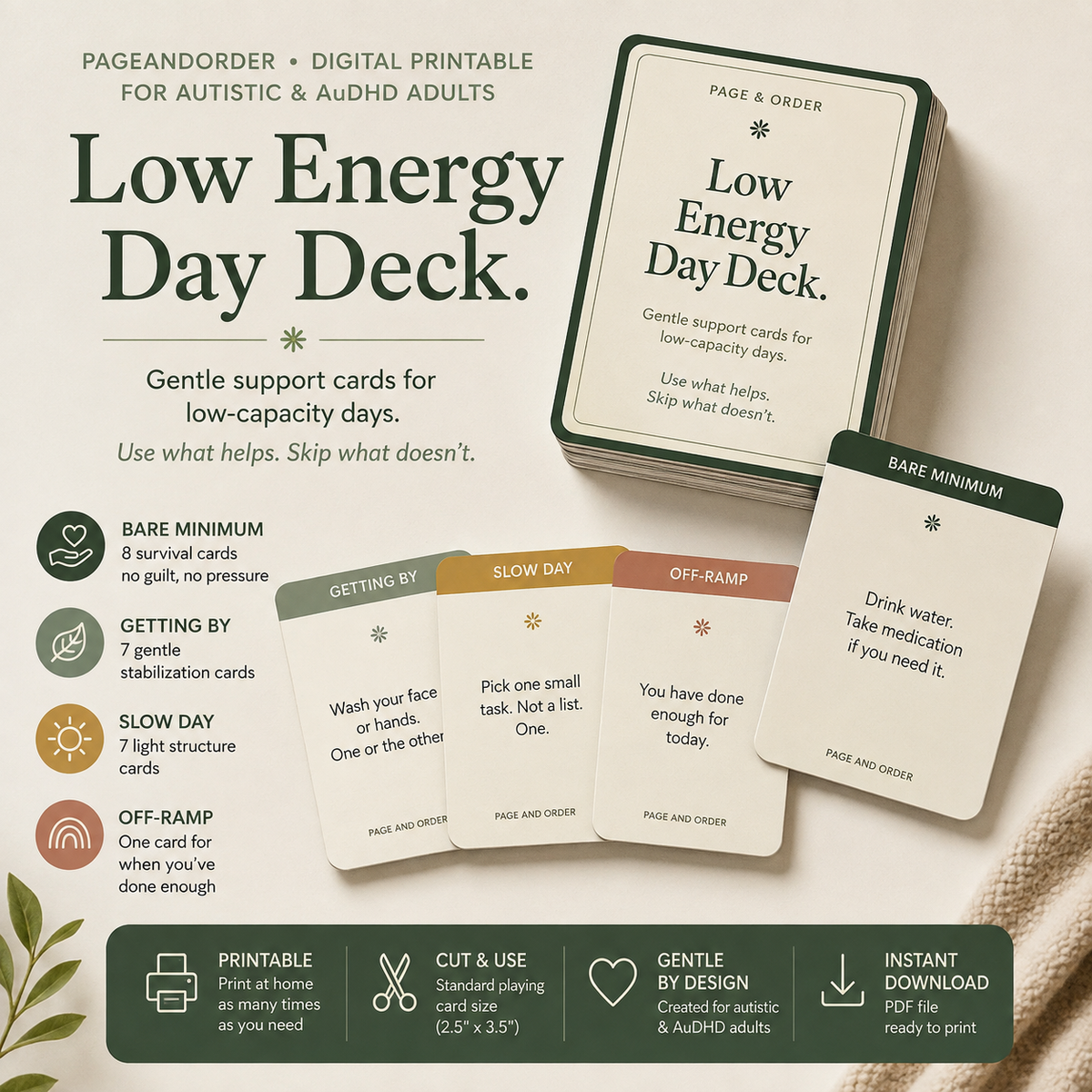 Low Energy Day Deck | 23 Printable Support Cards for Low-Capacity Days