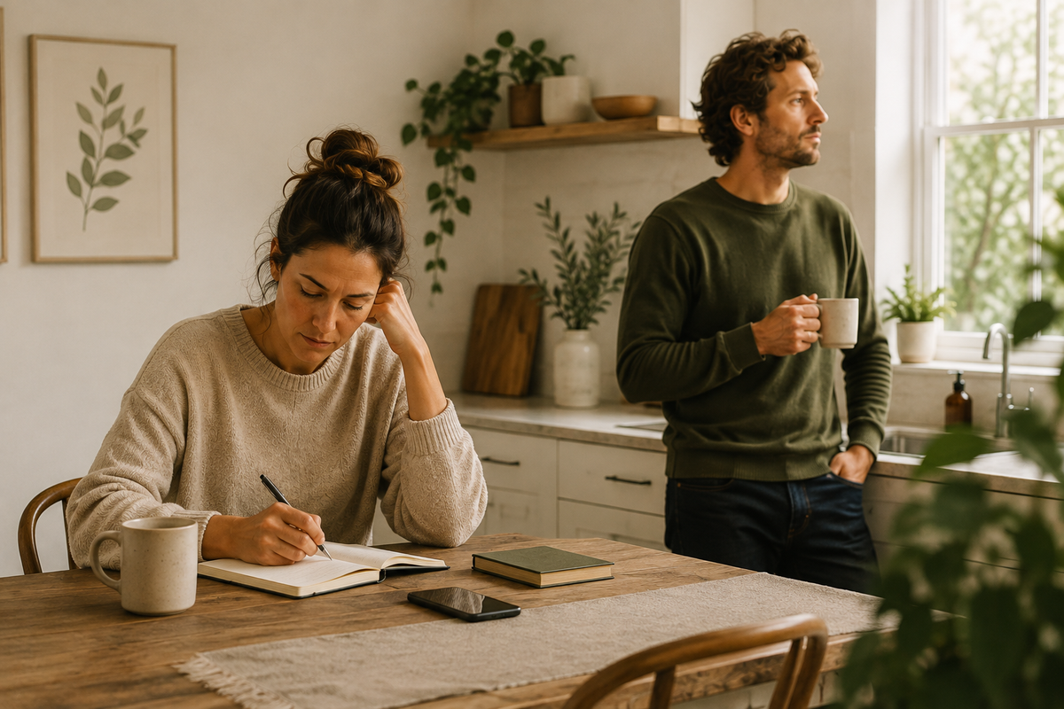 Two adults pausing during an ordinary day